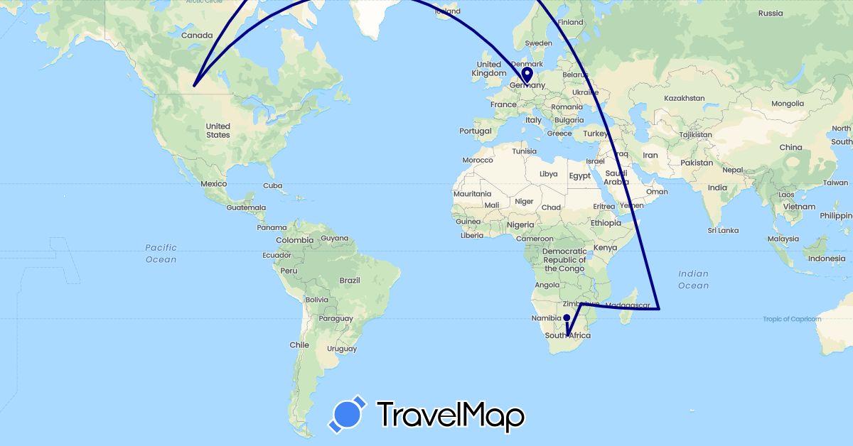 TravelMap itinerary: driving in Botswana, Germany, Mauritius, South Africa, Zimbabwe (Africa, Europe)